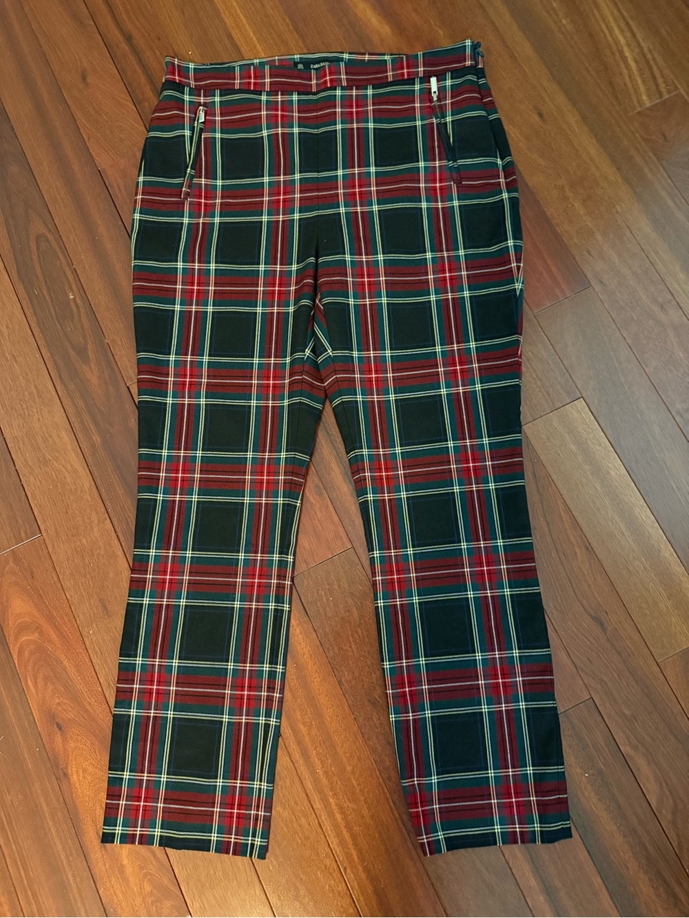 Zara Basic Pants Womens SZ XL Multicolor Plaid Mid Rise Side Zip Pockets